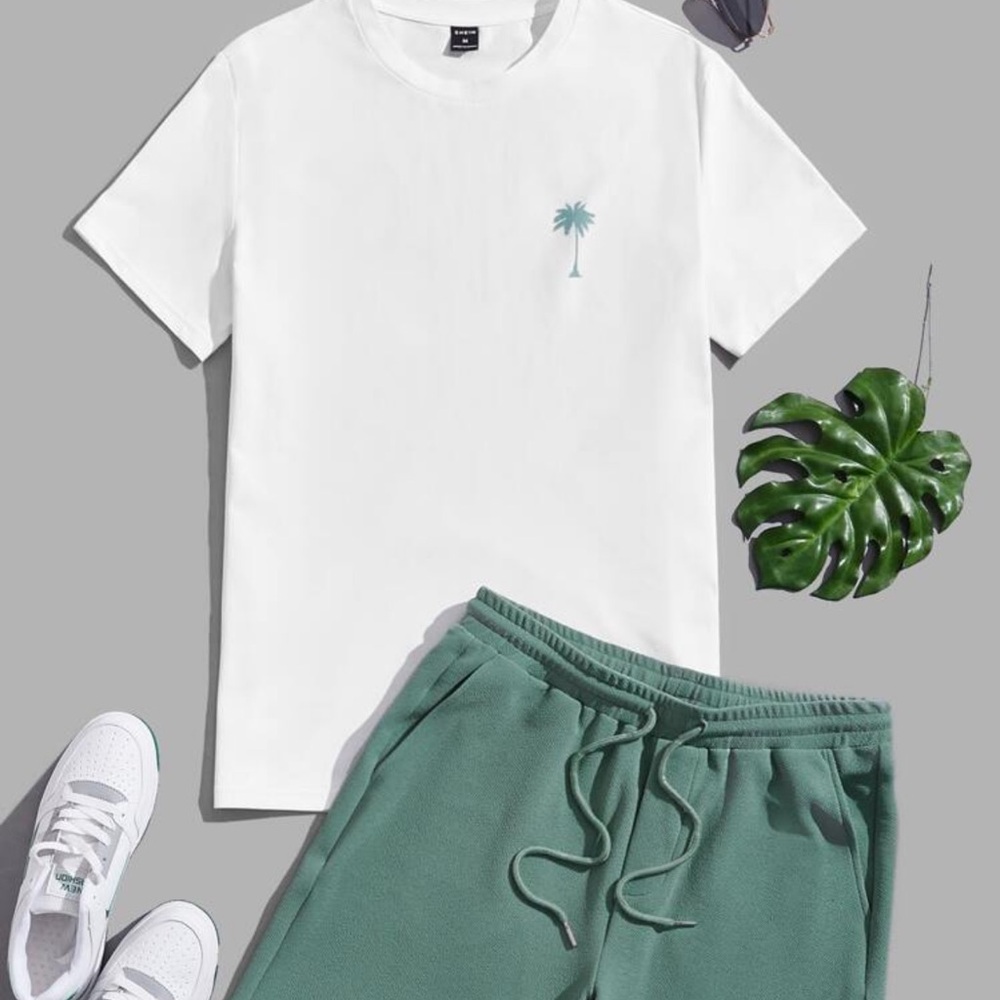 Manfinity Knitted Crew Neck Short Sleeve T-Shirt And Drawstring Shorts Set - Picture 1 of 5